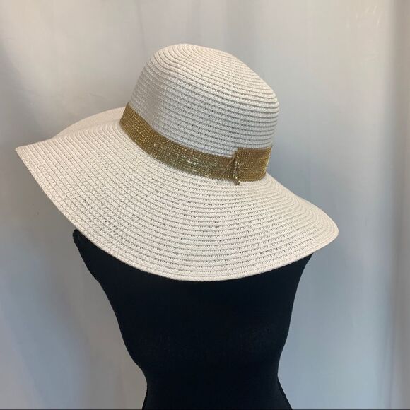 WHITE straw floppy hat gold chain metal embellished detail - Picture 3 of 8